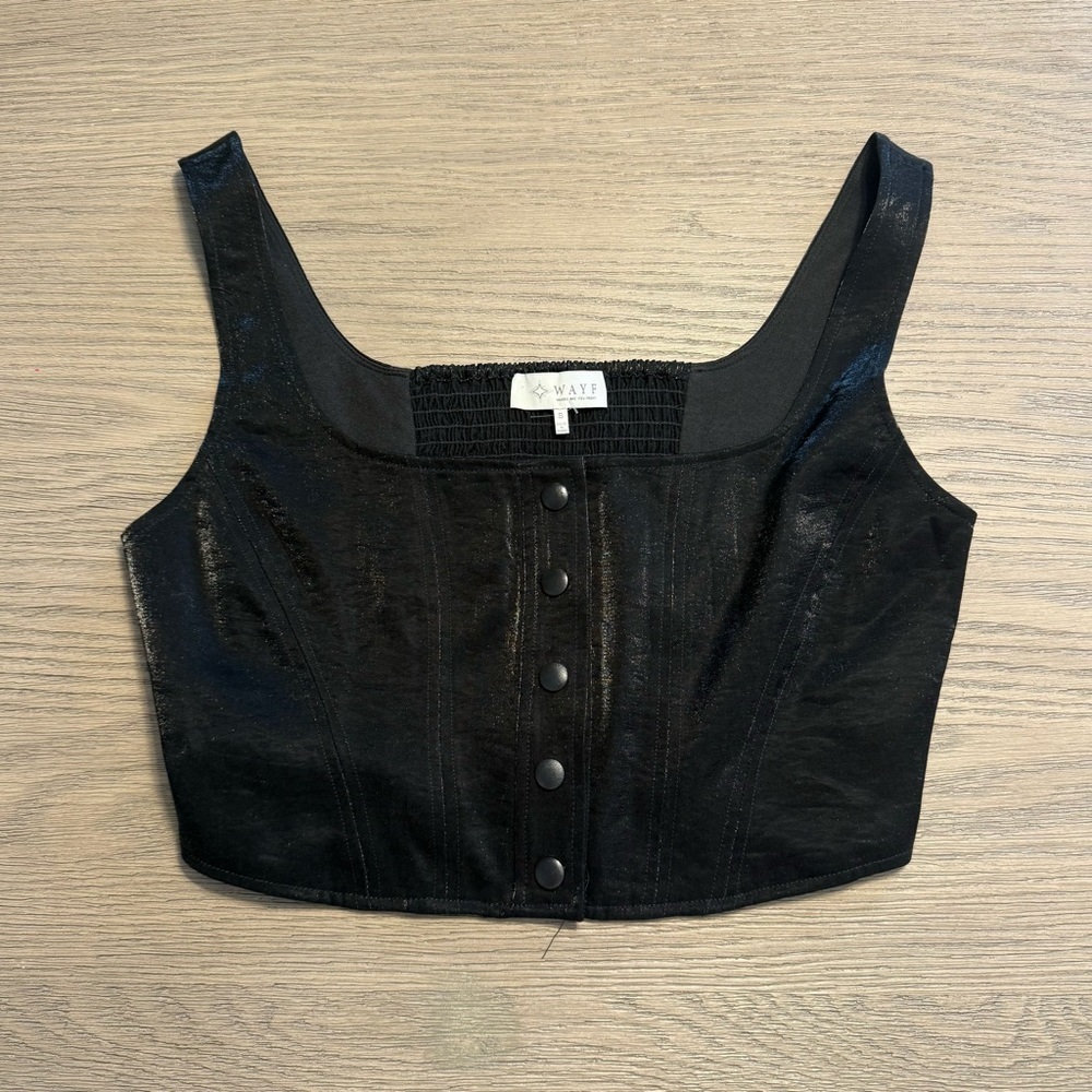 WAYF Black Cropped Corset Boning Button Up Top Sz Small Night Out Square Neck